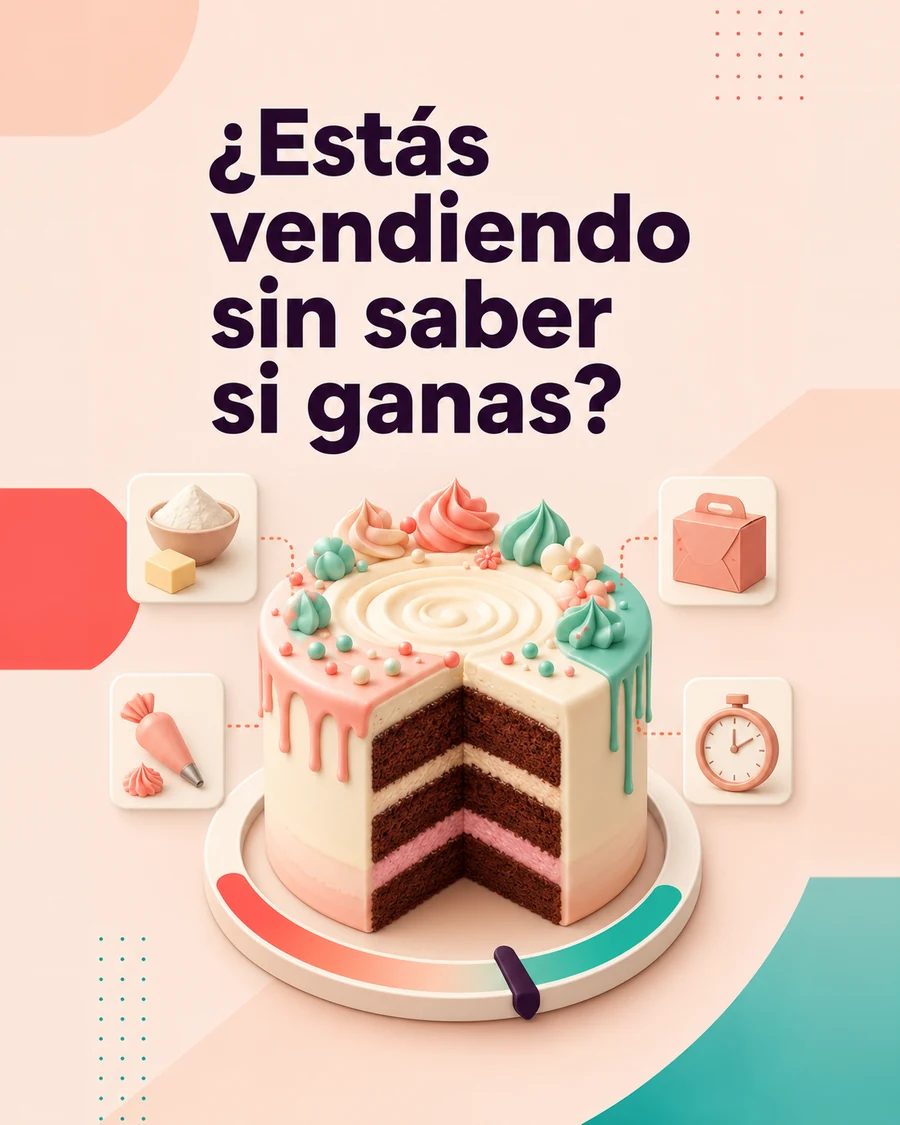 Torta por encargo rodeada de ingredientes, decoración, empaque y tiempo de trabajo